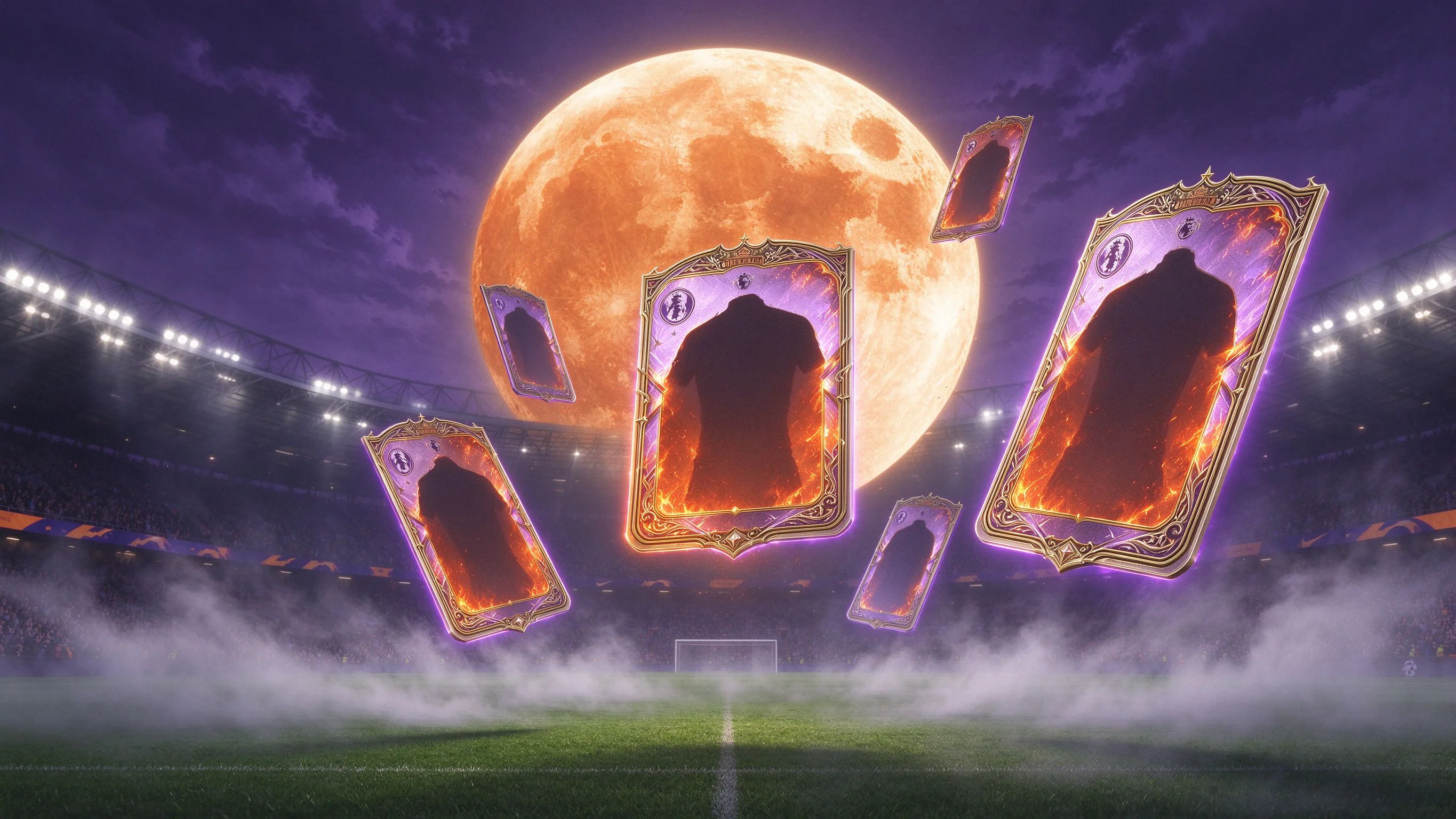 FC 27 Ultimate Scream Halloween promo cards floating under a full orange moon over a foggy stadium