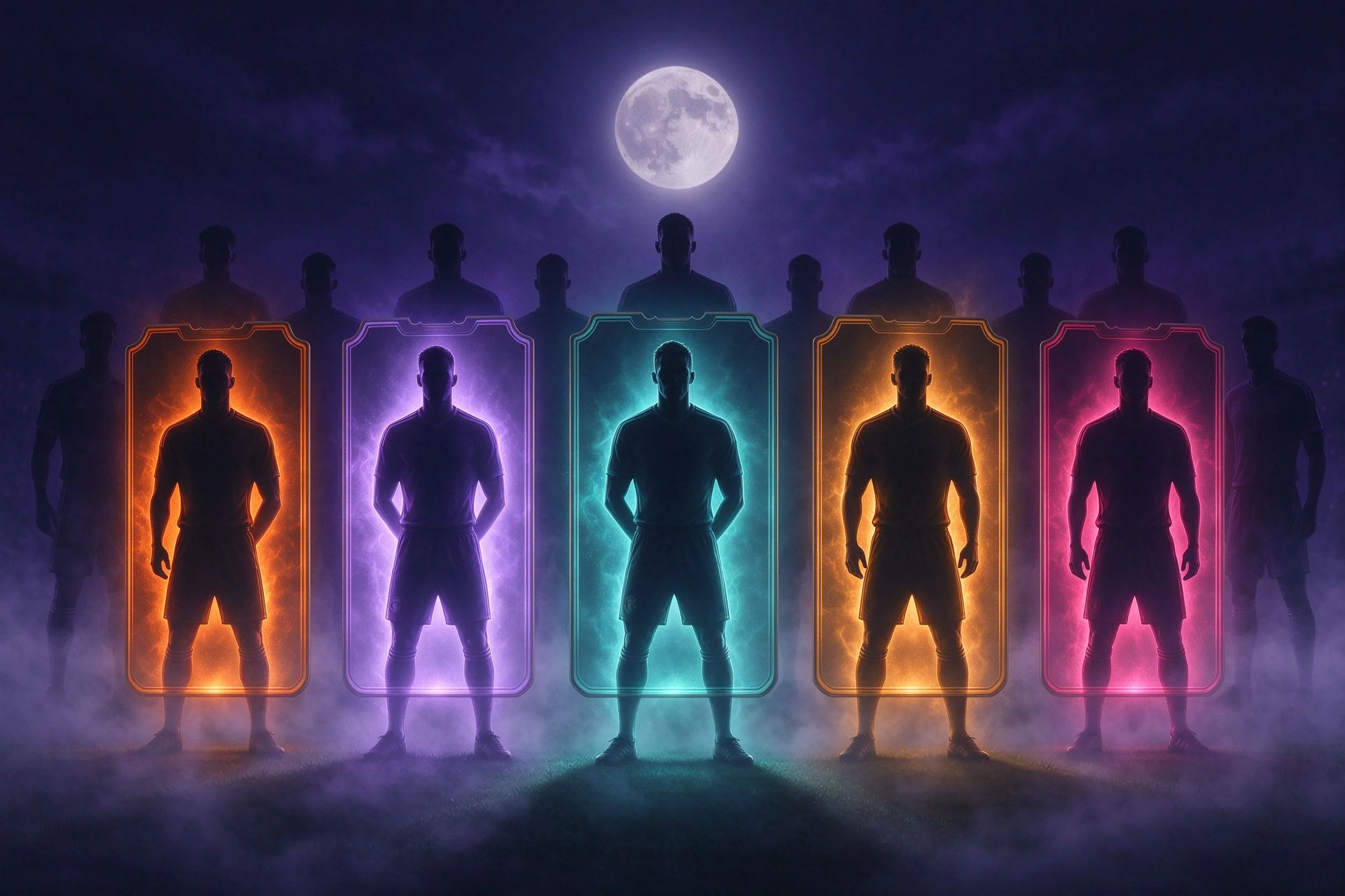 Mysterious glowing player cards lined up in moonlight, representing unconfirmed Scream leaks