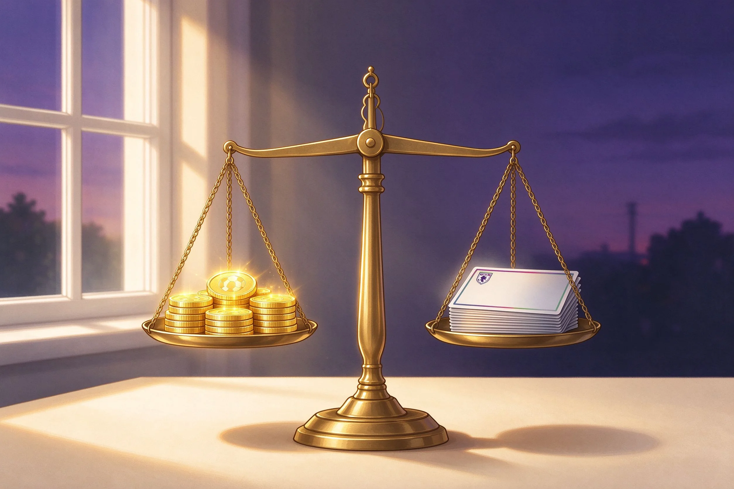 A brass scale balancing coins against player cards, FUT market hold or sell decision